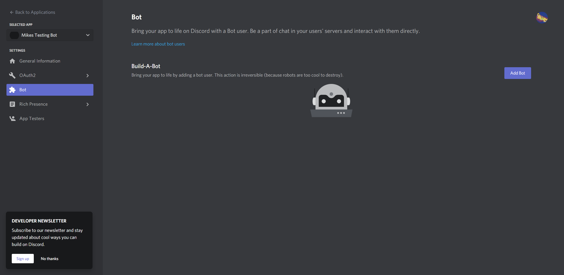 Discord Application: Bot section page
